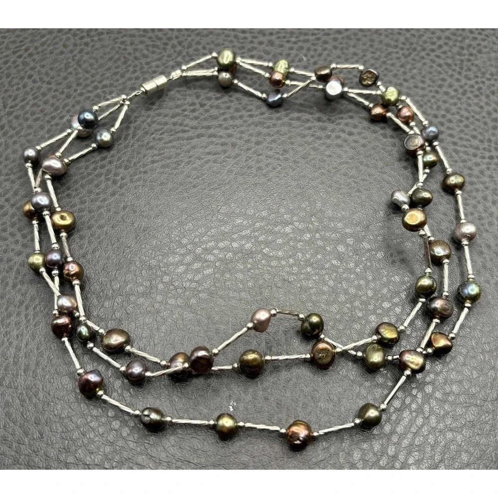 Iridescent Multi-Strand Pearl Bead Necklace 7mm Freshwater Silver Tone 17
